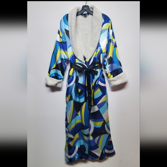 RARE Vtg Victoria's Secret Satin Robe XS Funky Geometric Dopamine Fleece Lined - Picture 2 of 16